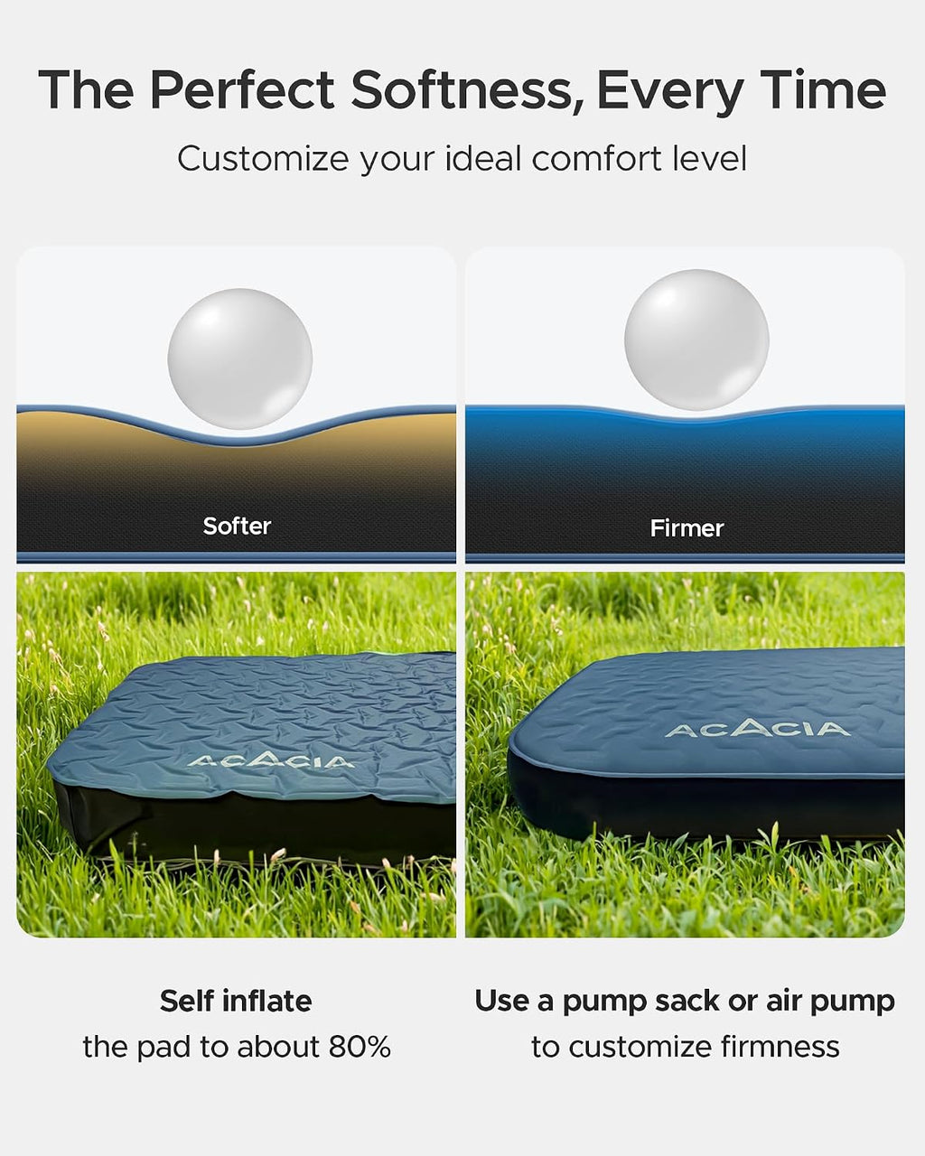 Acacia 4" Thick Self Inflating Sleeping Pad with Foam, Innovative Y-Shaped Telescopic Structure, Ultraportable Camping Air Mattress with Pump Sack, Easy Roll Up Sleep Bed for Travel Tent Car