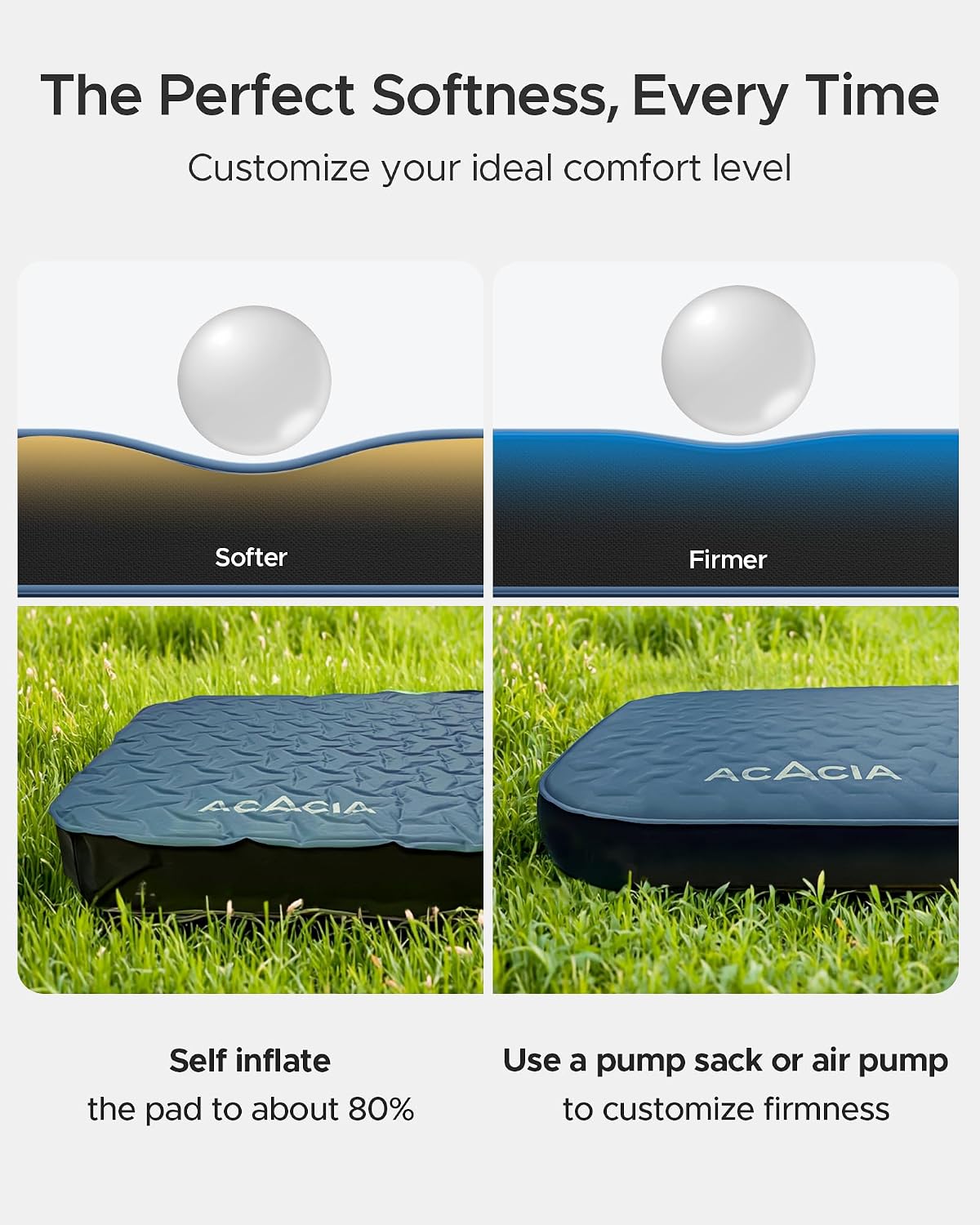 Acacia 4" Thick Self Inflating Sleeping Pad with Foam, Innovative Y-Shaped Telescopic Structure, Ultraportable Camping Air Mattress with Pump Sack, Easy Roll Up Sleep Bed for Travel Tent Car