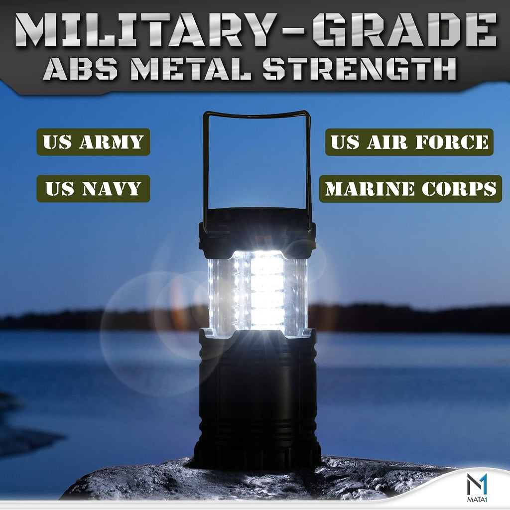 Mata1-USA LED Camping Lanterns (Black, 2 Pack), Emergency Lights for Power Outages, Long-Lasting Battery-Powered Lights w/ 3 Adjustable Brightness Levels, Collapsible Lamps for Indoor & Outdoor Use