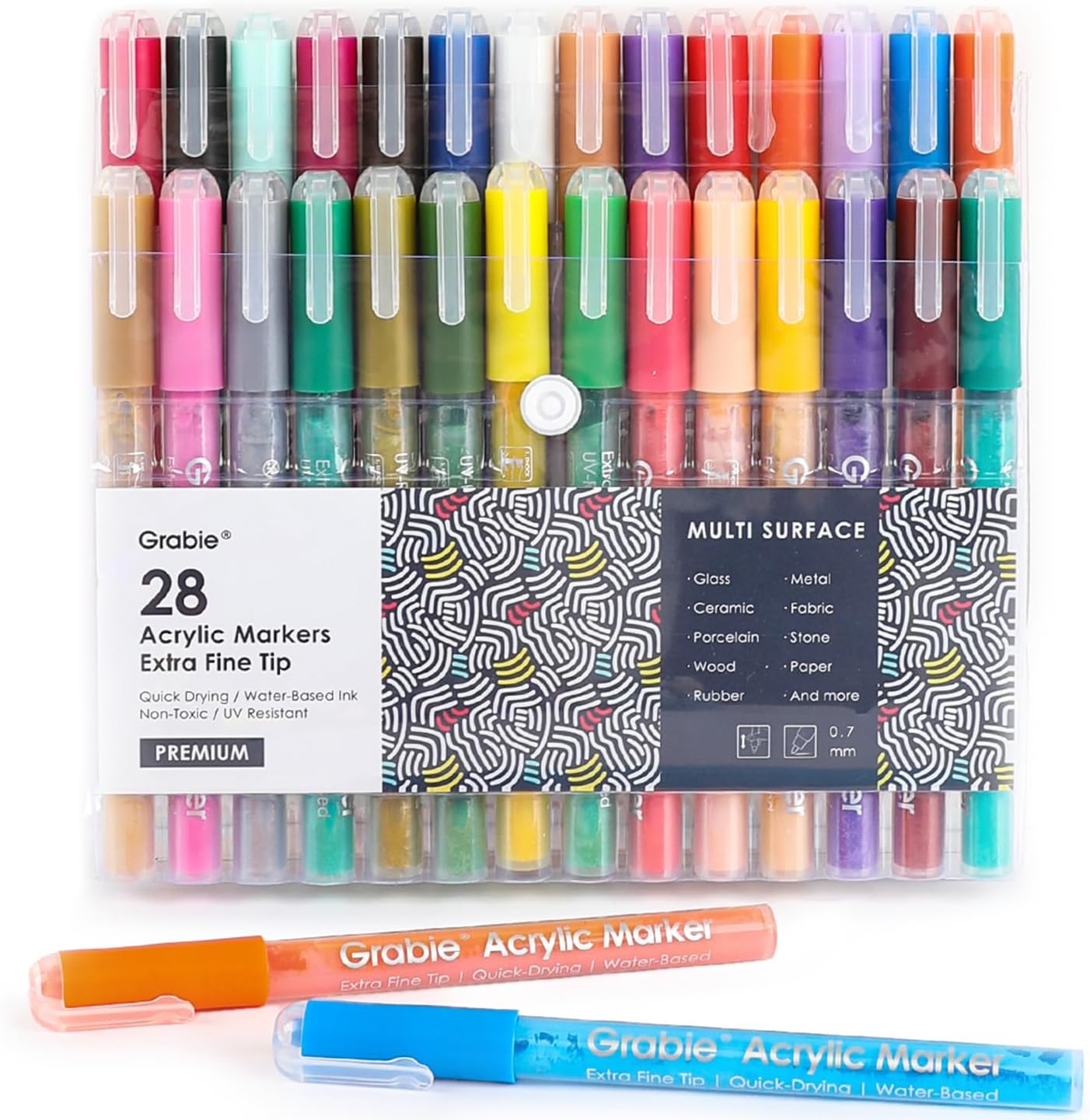 Grabie Pack of 28 Color Acrylic Paint Markers, 0.7mm Extra Fine Tip Pens