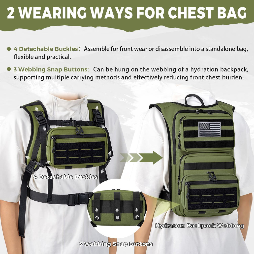 Koculemi Tactical Hydration Backpack with 2L Water Bladder and Front Small Tactical Pouch, Outdoor Water Backpack for Men Women, Sports Hydration Pack for Hiking, Cycling,Climbing