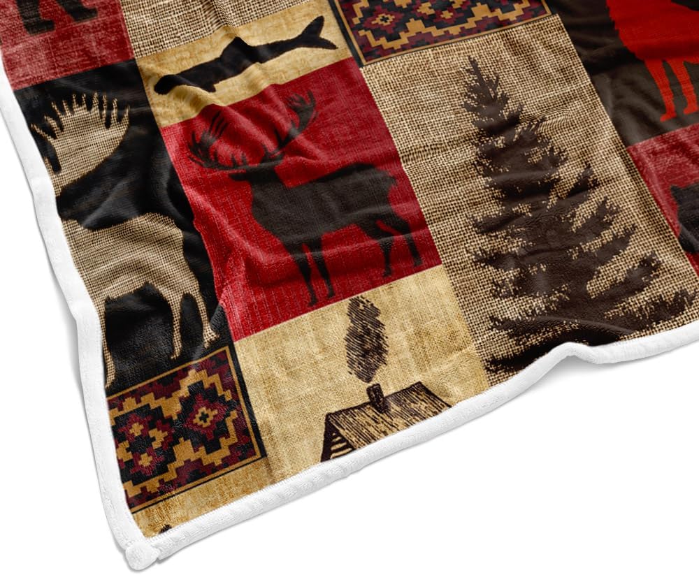 Torich Rustic Cabin Throw Blankets, Country Vintage Bear Moose Wood Cozy Warm Bed Couch Blanket, Farmhouse Hunting Camping Forest White Fleece Flannel Throws to Decorate The Room and Bedroom