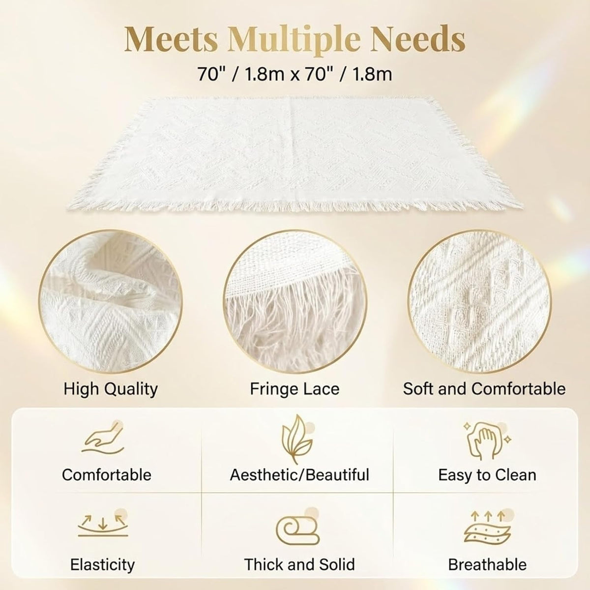 White Picnic Blanket, Extra Large Soft Cotton Gauze Picnic Rug 71"x71", Lightweight Breathable Blanket, Machine Washable for Beach, Camping, Park, Couples (Purr Petals)