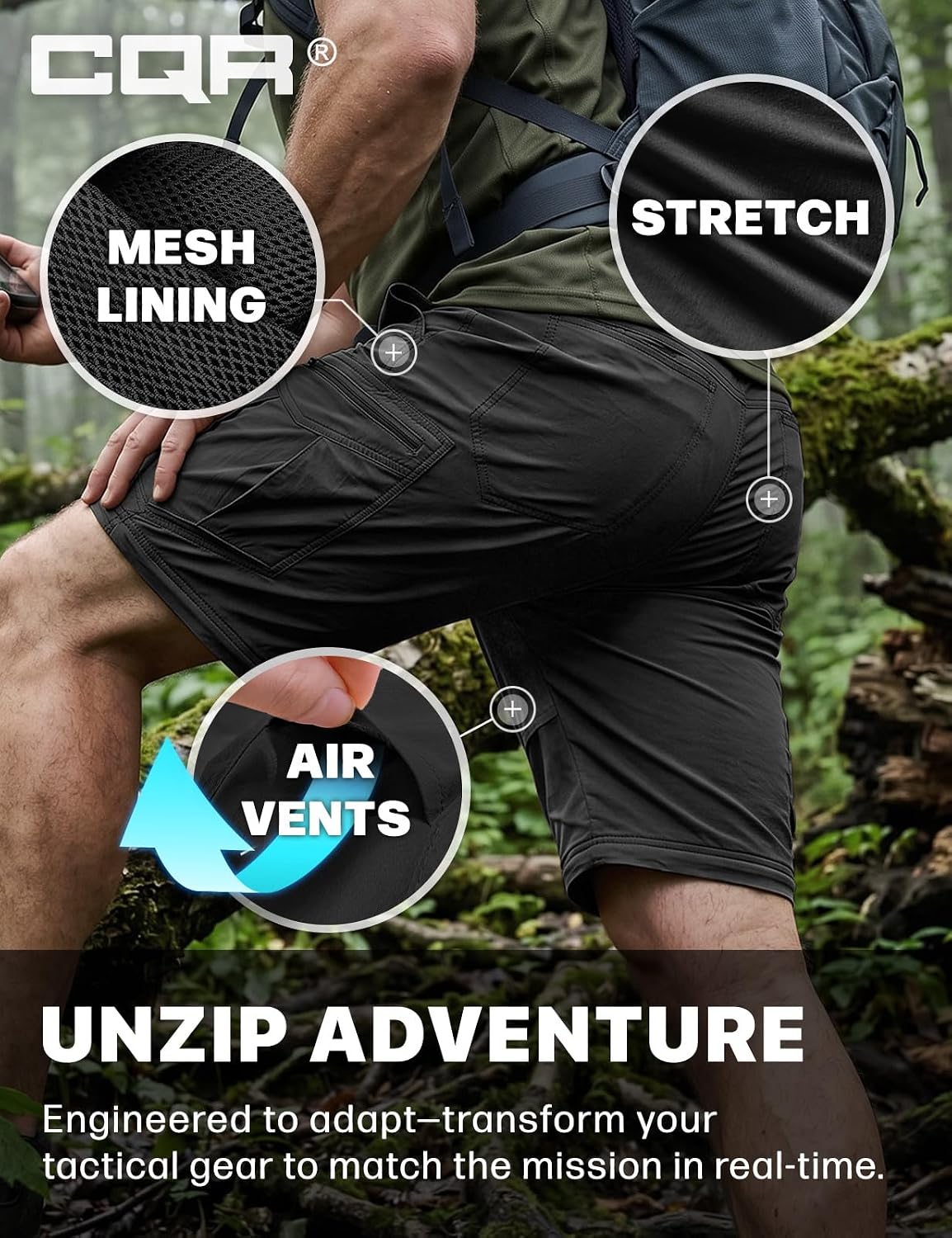 CQR Men's Convertible Cargo Tactical Pants, Water Resistant Outdoor Hiking Pants, Zip Off Lightweight Stretch Work Pants