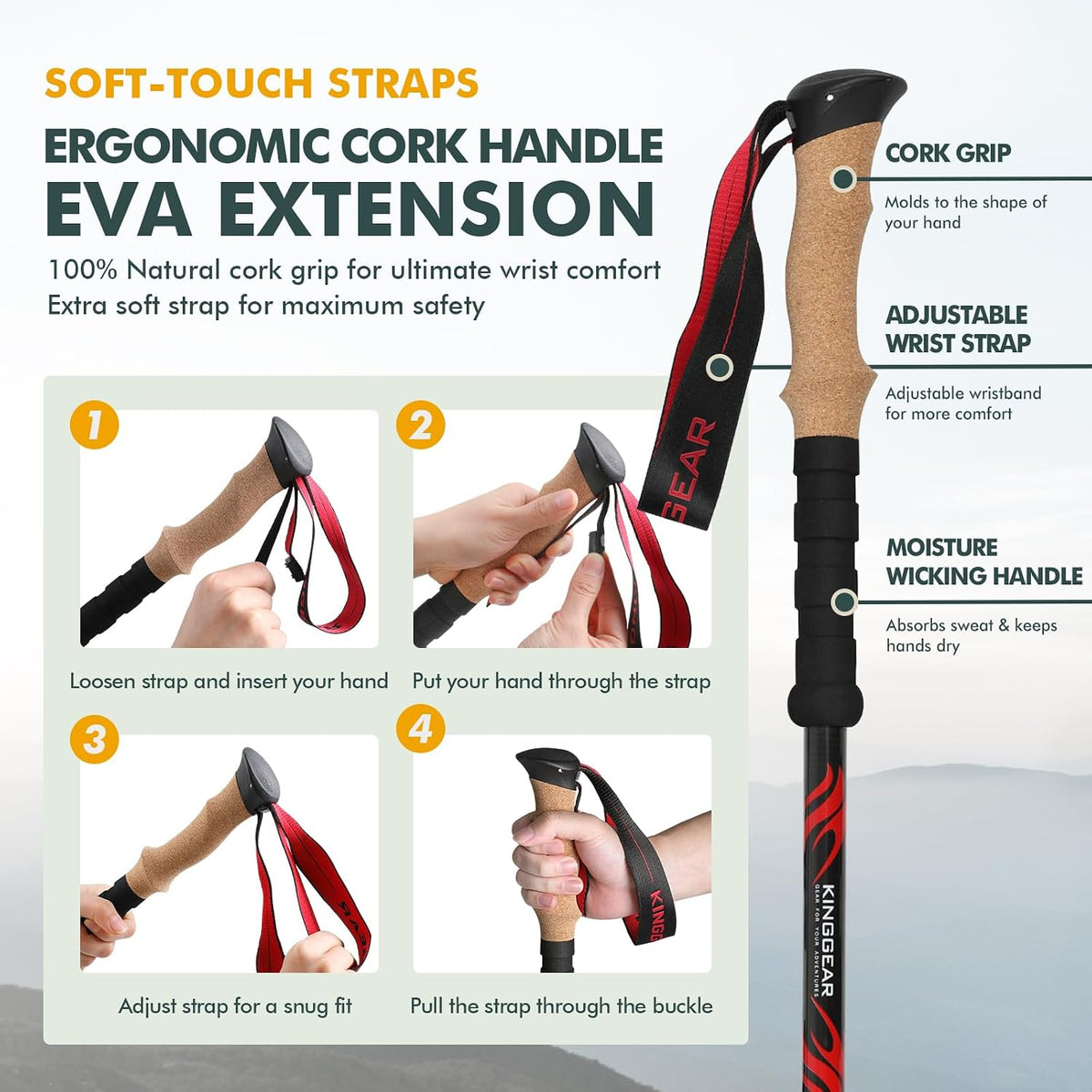 Carbon Fiber Trekking Poles Cork EVA Grip Lightweight | 8.2oz, Telescopic 90-135cm, Metal flip Locks, for Hiking, with Snow/mud/Rubber Tips & Bag