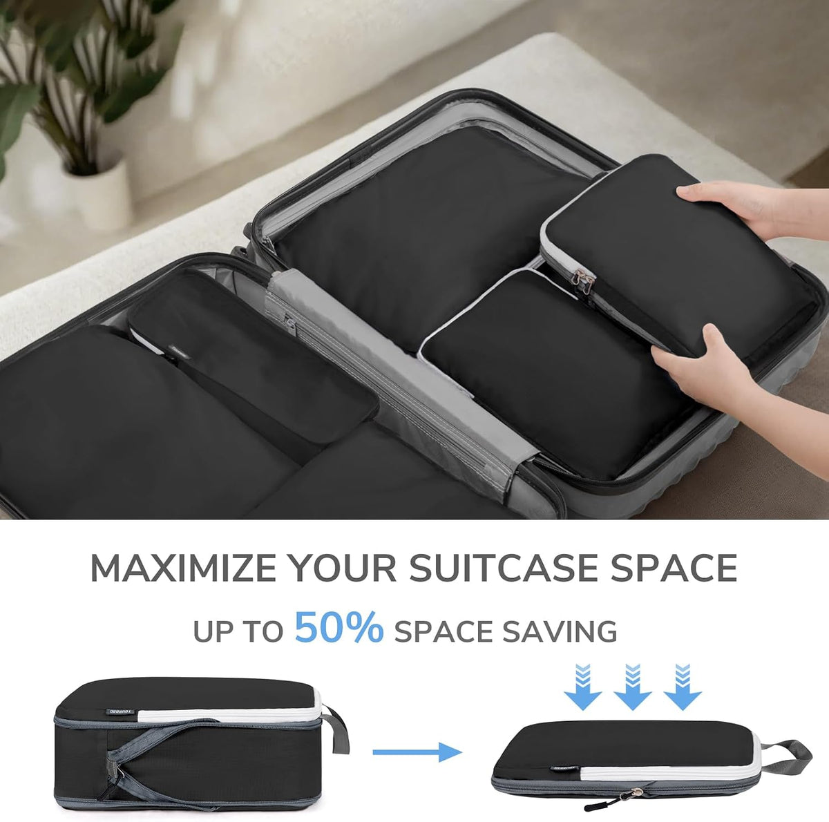 CherryNow 7 Set Compression Travel Packing Cubes for Suitcases, Black