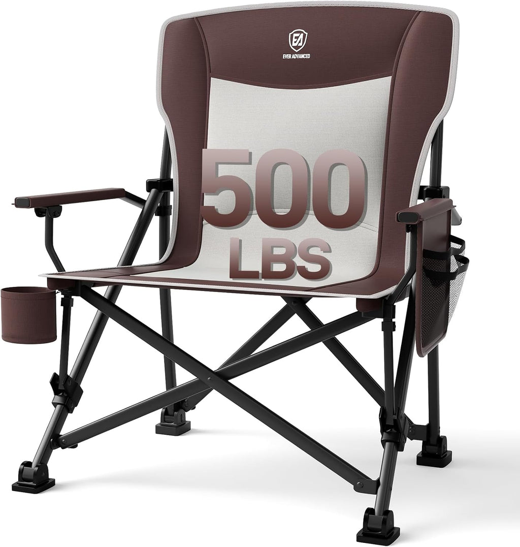 EVER ADVANCED Oversized Folding Camping Chair, for Adults Heavy Duty Lawn Chair with Side Pockets, Portable Collapsible Quad Chair for Outside, Support Up to 500lbs, Blue