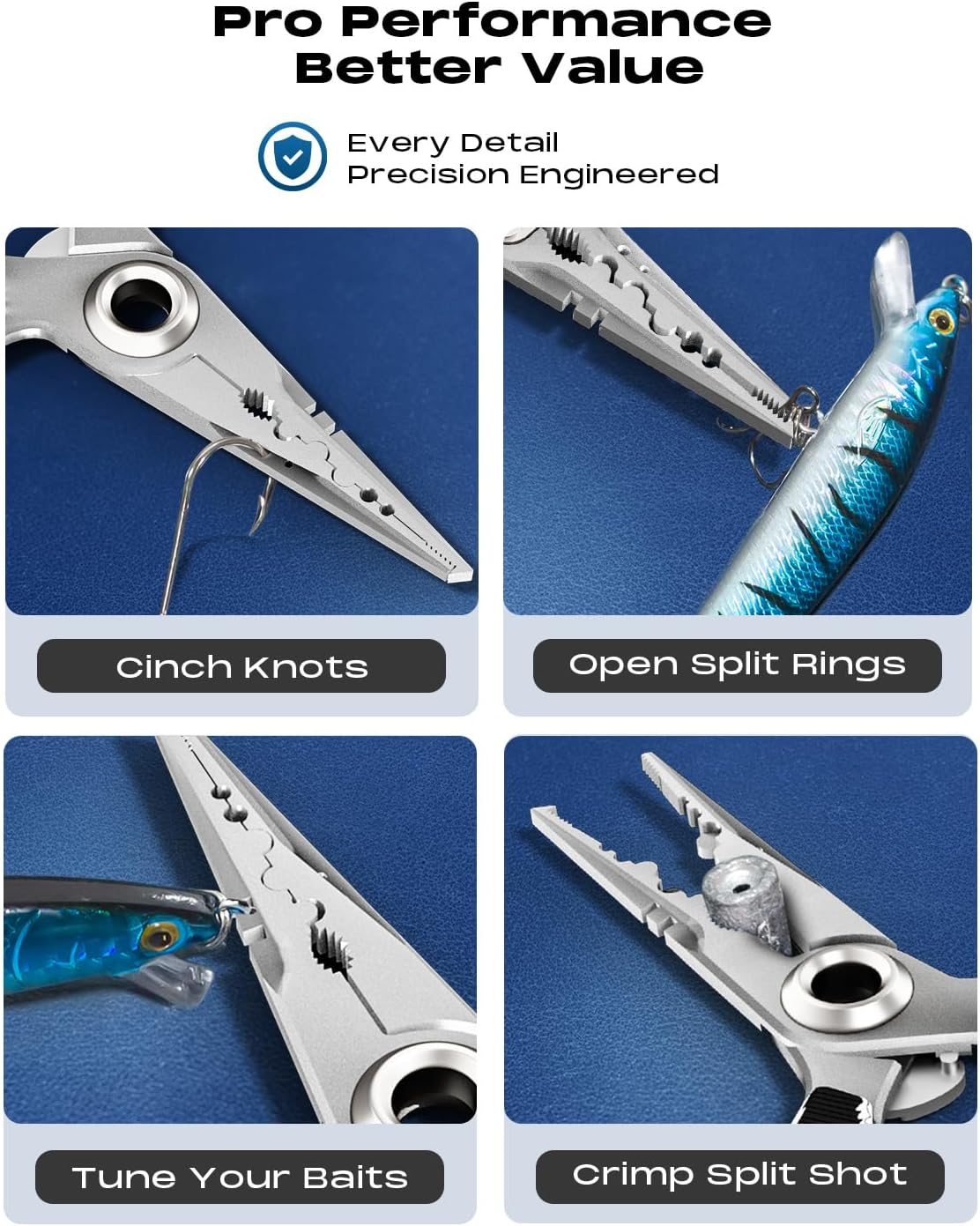 HOOK-EZE Anti-Twist Fishing Pliers with Multi-Function Design, 7.1" Saltwater 17-4 Stainless Steel Fishing Gear with G10 Handles, Split Ring Pliers, Fish Hook Remover Tool - Black/White