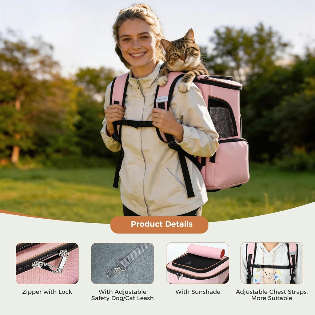 Lekereise Pet Carrier Backpack Expandable Cat Backpack Carrier for Small Dogs Large Cats Puppies, Dog Backpack Carrier for Hiking Travel Outdoor Hold Pets Up to 20 25 Lbs, Pink