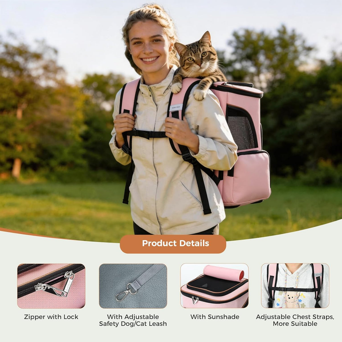 Lekereise Pet Carrier Backpack Expandable Cat Backpack Carrier for Small Dogs Large Cats Puppies, Dog Backpack Carrier for Hiking Travel Outdoor Hold Pets Up to 20 25 Lbs, Pink