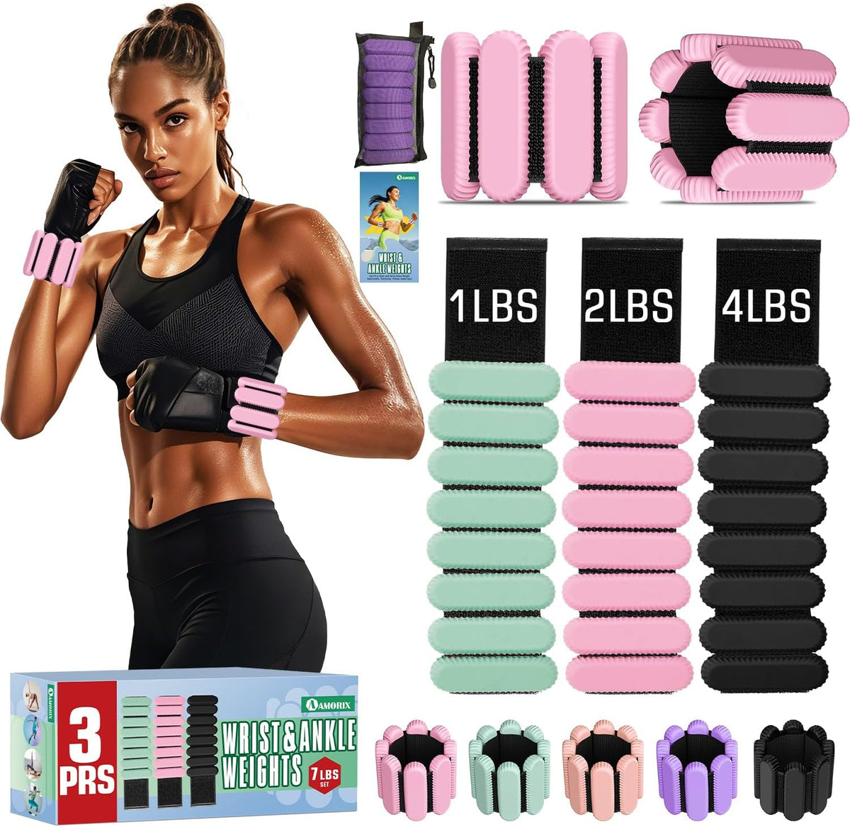 AMORIX Ankle Weights for Women Men 3 Pairs (Total 7lbs) Wrist Weights