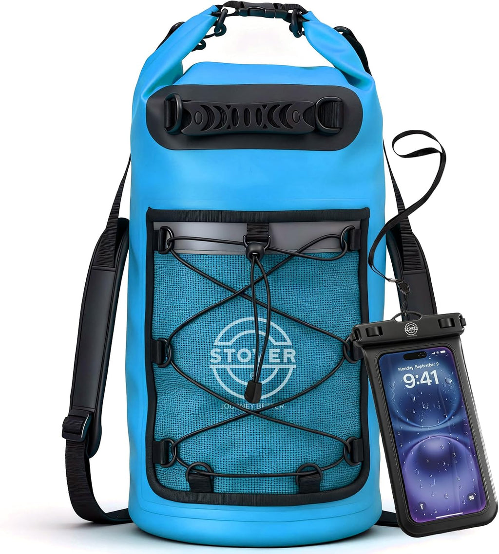 STOVER 5/10/25/30/40L Waterproof Dry Backpack & Phone Case- Large Floating Dry Bag for Kayaking, Travel, Hiking, Fishing, Camping, Motorcycles & Beach, Heavy-Duty Roll Top Men/Women (Blue)