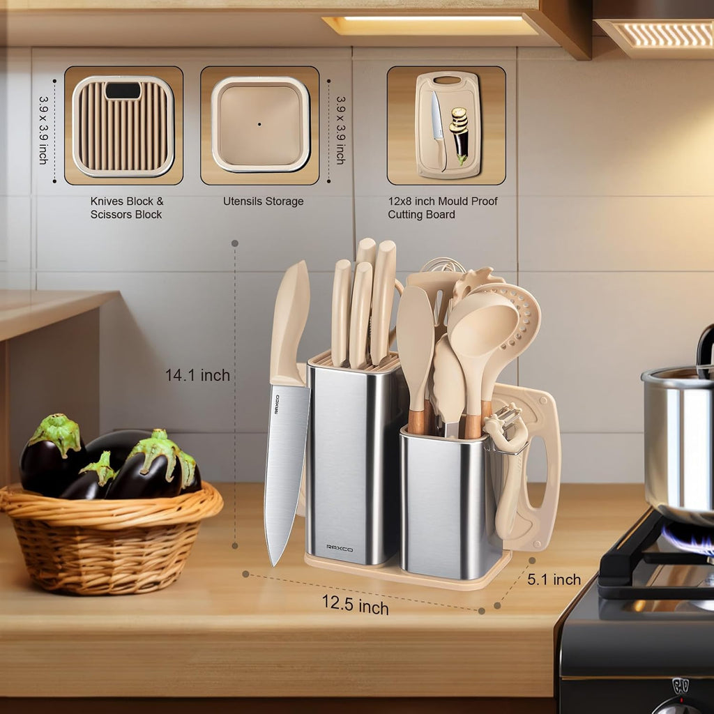RAXCO Cooking Utensils Set,18-Piece Kitchen Utensils and Knife Set,Khiki