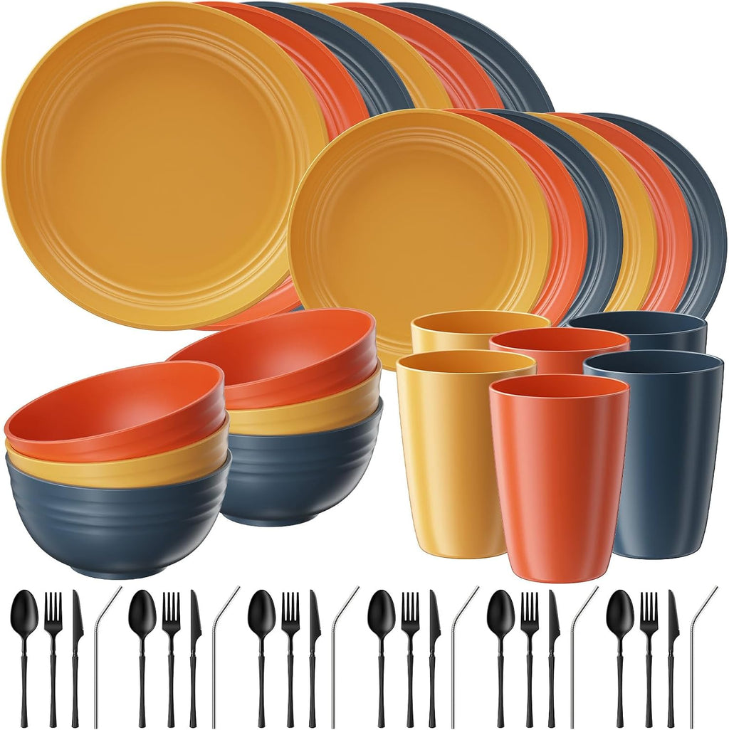 Quatish 48 Piece Plates and Bowls Sets for 6, Unbreakable Dinnerware Sets, Plastic Dish Set for Camping, Dishwasher Microwave Safe, Outdoor Kitchen and Apartment Dinning RV Essentials, MC