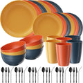 Quatish 48 Piece Plates and Bowls Sets for 6, Unbreakable Dinnerware Sets, Plastic Dish Set for Camping, Dishwasher Microwave Safe, Outdoor Kitchen and Apartment Dinning RV Essentials, MC