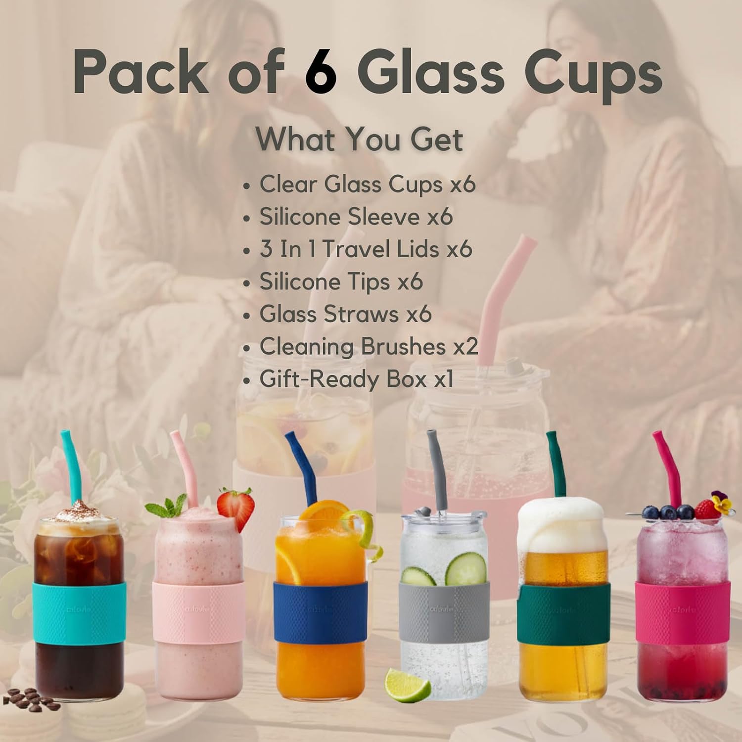ColoVie 20oz Mixed Drinking Glasses with 6 Colors, Thicken Reusable Glass Tumblers with Lids and Straws, Removable Silicone Sleeve for Hot or Iced Drinking, Unique Colorful Glass Cups