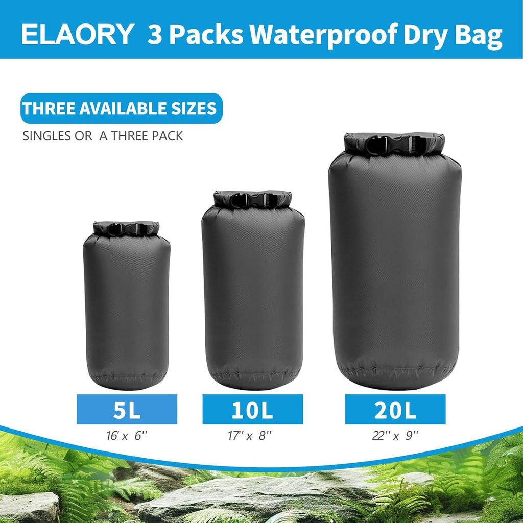 Dry Bags Waterproof 3 Pack (5L, 10L, 20L) - Lightweight Dry Storage Bag Beach Bag for Travel, Boating, Fishing, Rafting, Swimming, Camping & Outdoor Activities - Durable & Compact Design - Grey