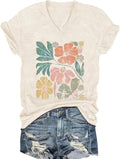Vintage Boho Tops for Women V-Neck Flowers Shirt Spring Graphic Tees Floral Print Summer Casual Short Sleeve Tshirt Top
