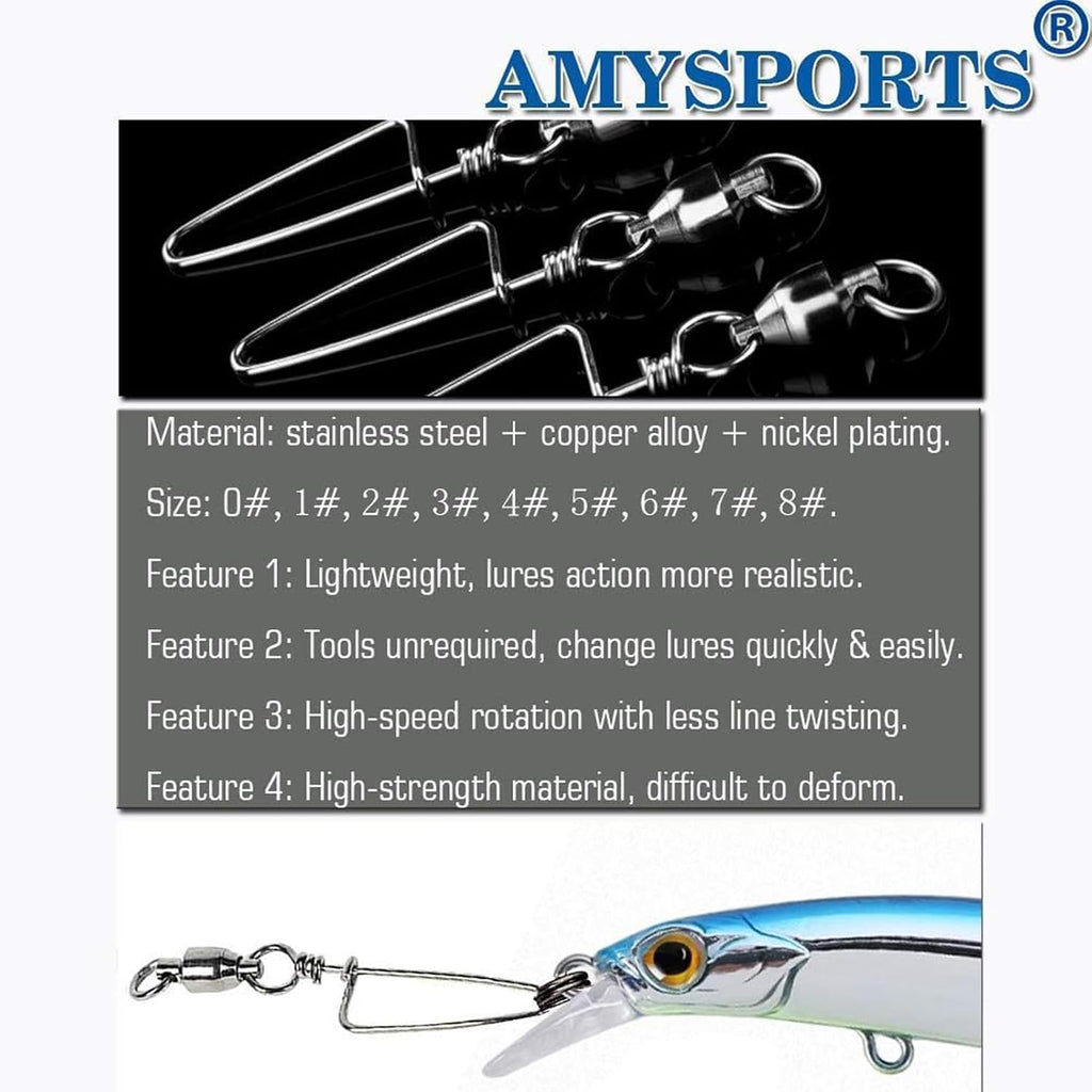 AMYSPORTS High Strength Fishing Snap Swivels - Stainless Steel Ball Bearing Swivels - Saltwater & Freshwater Fishing