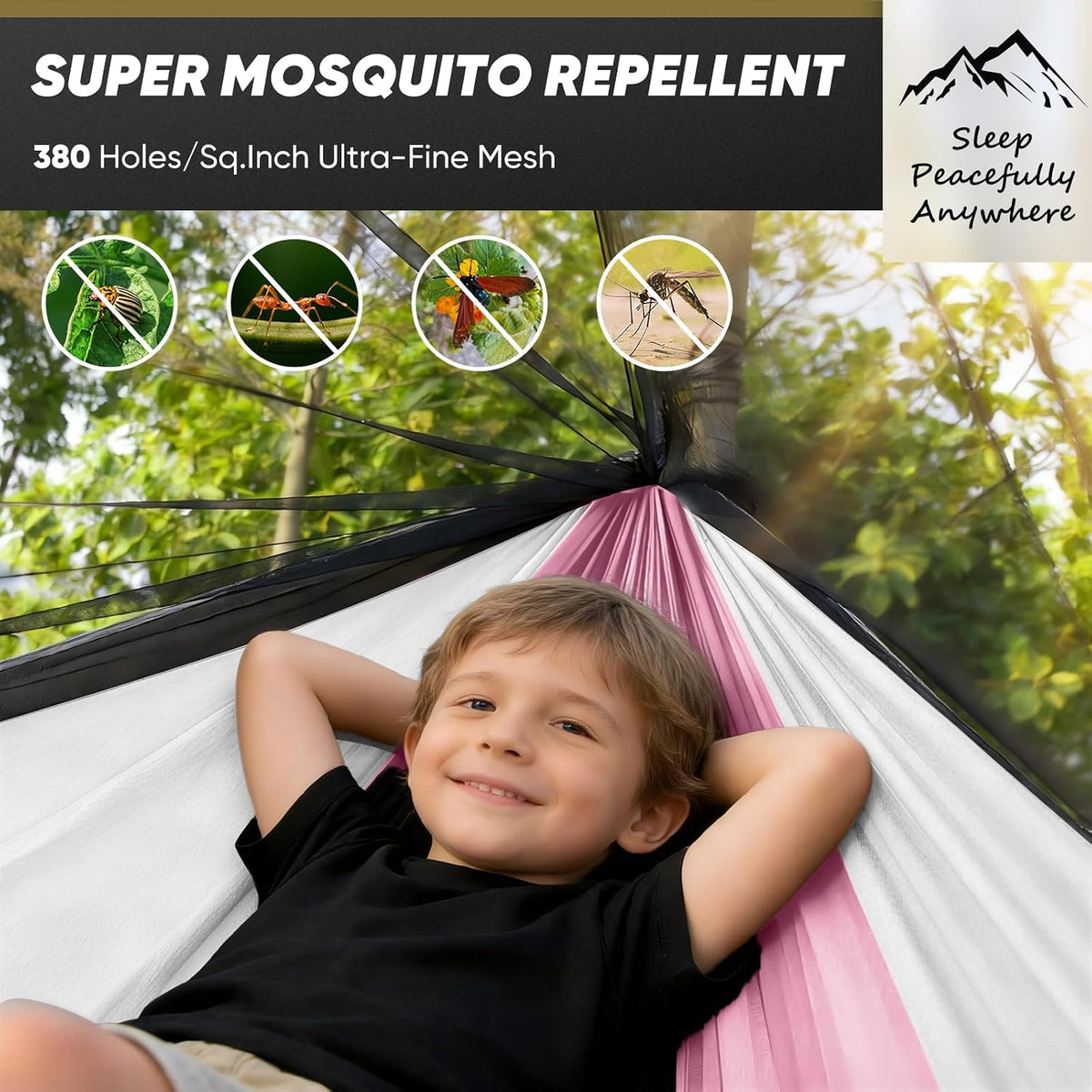 Small Camping Hammock with Mosquito Net, 450 lbs Portable Hammock with Tree Straps, 2-in-1 Double/Single Travel Hammocks, Hammock for Outside/Indoor/Backpacking/Beach - Pink & White