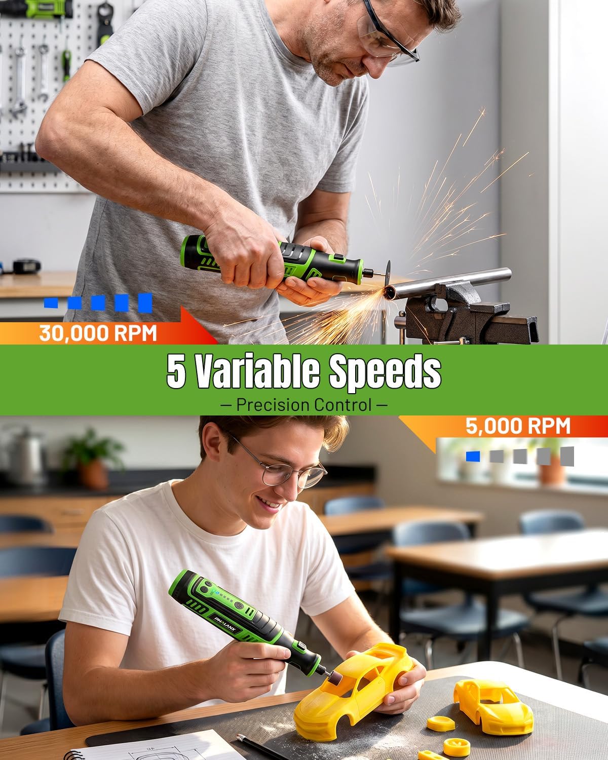 PHALANX Cordless Rotary Tool Kit | 5,000-30,000 RPM/5 Speed, 8V Engraving Pen with 117 Accessories, USB-C, LED Light for 3D Printer Sanding, Polishing, Engraving, Wood Carving, DIY Crafts