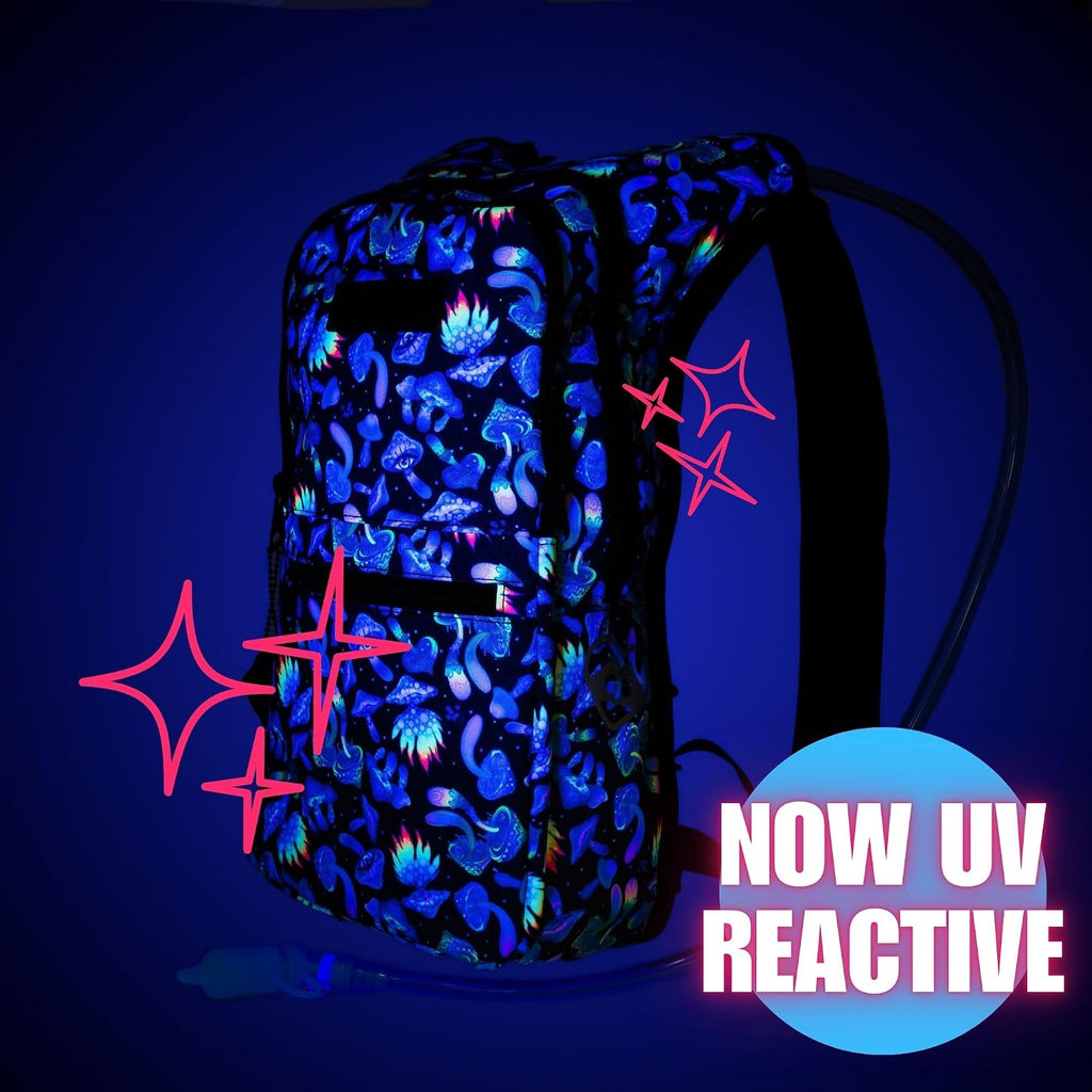 Kandies World Reflective Festival Hydration Pack - 2L Hydropack for Raves, Hiking, Biking, Running, and More (with Anti-Theft Pocket)