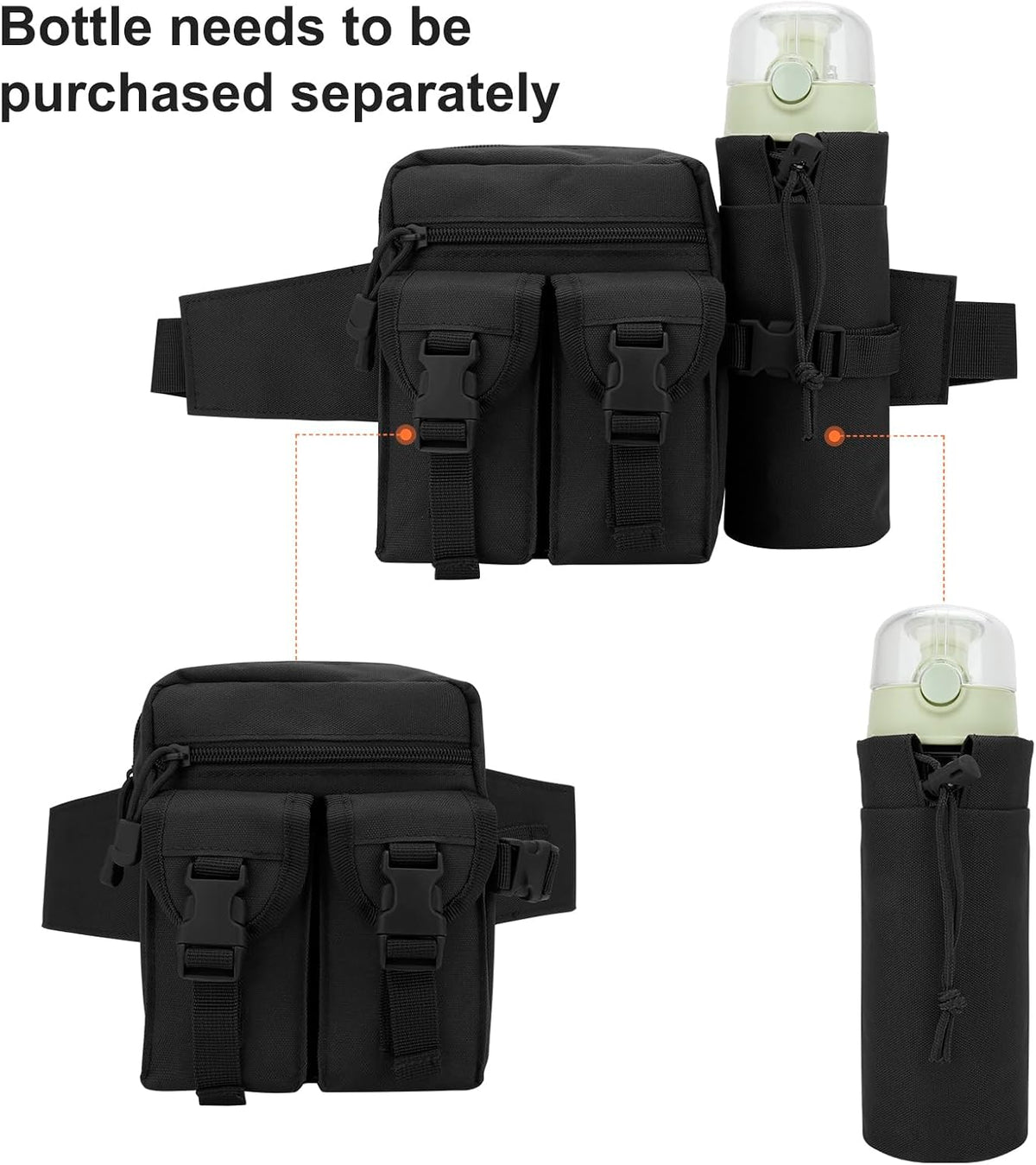 DOB SECHS Hiking Waist Bag with Detachable Water Bottle Holder and Adjustable Waist Belt Oxford Fanny Pack for Men Women Causal Belt Bag for Travel Outdoor Fishing Running Hiking Hunting,Black