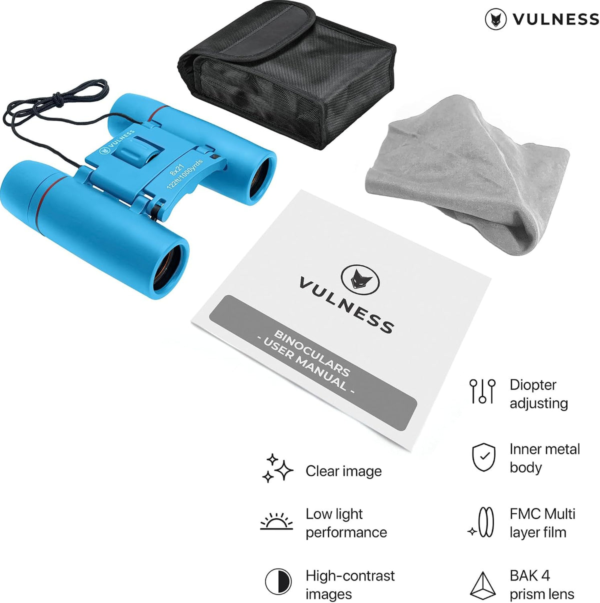 VULNESS Binoculars for Adults, Small Mini Travel Essentials, 8X21, Blue