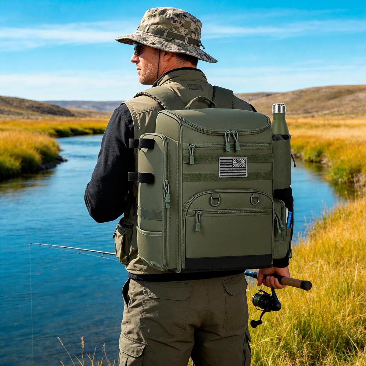 40L Tackle Fishing Backpack with 2 Rod Holders, Water Resistant