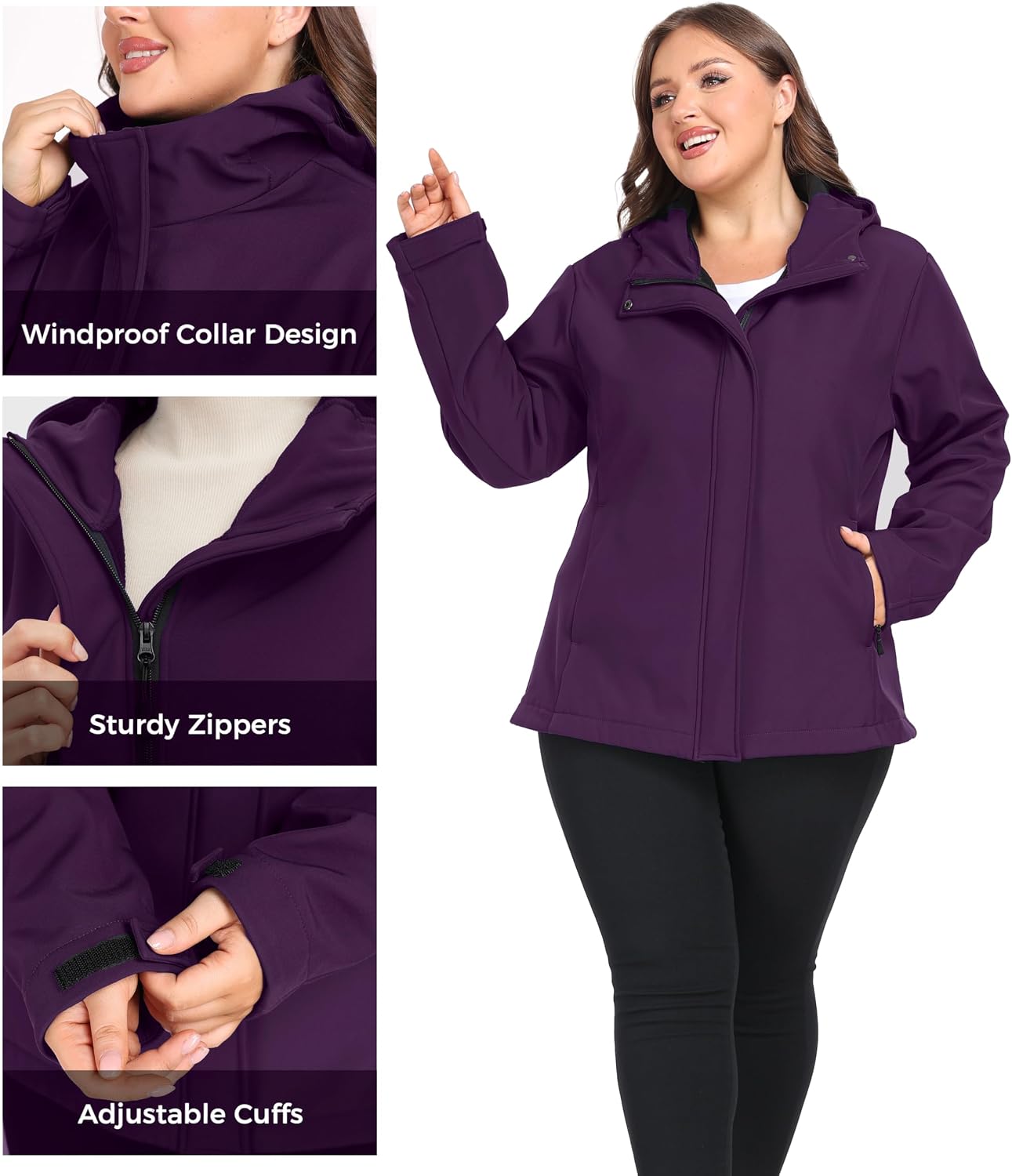 wantdo Women's Plus Size Softshell Jackets Hooded Fleece Lined Windbreaker
