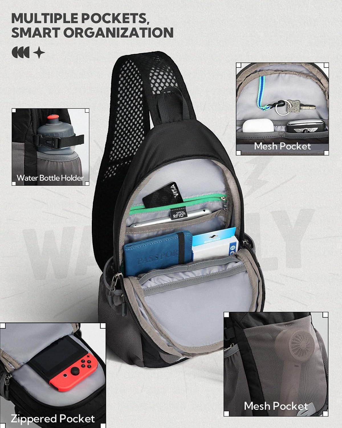 WATERFLY Packable Sling Bag RFID Travel Crossbody Backpack for Women Men
