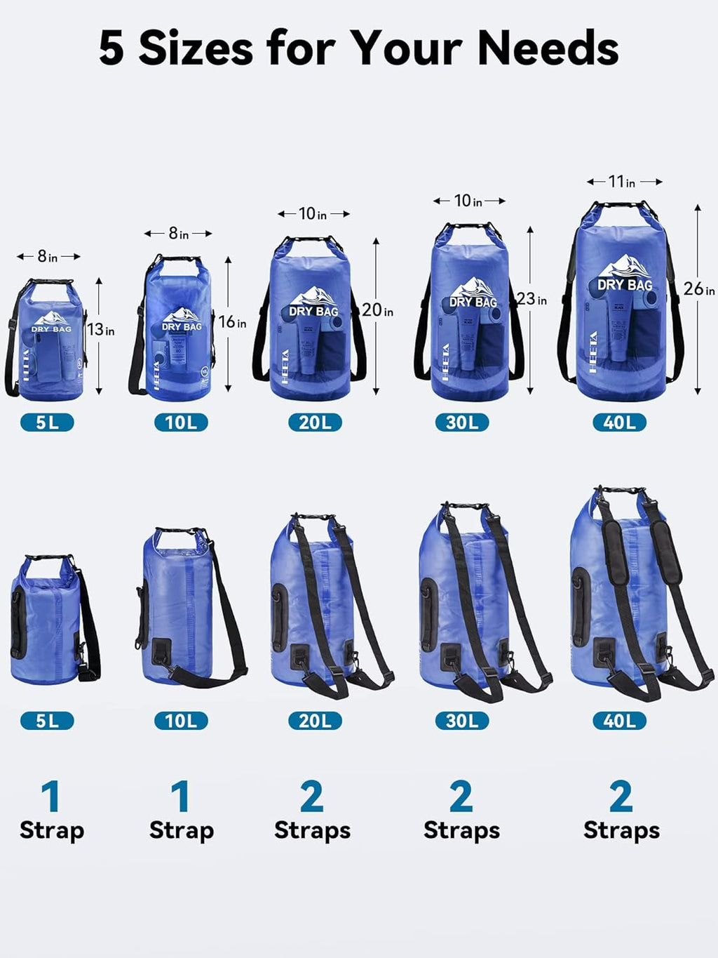 HEETA Dry Bag Waterproof Backpack with Phone Case 5L/10L/20L/30L/40L