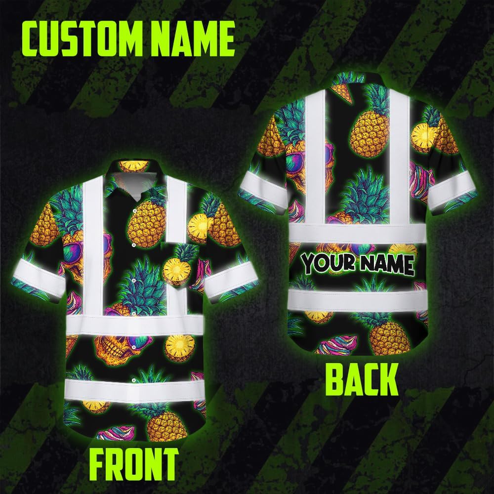 High Visibility Hawaiian Shirt for Men Tropical Shirts Custom Name Floral Outfit Reflective Safety Workwear
