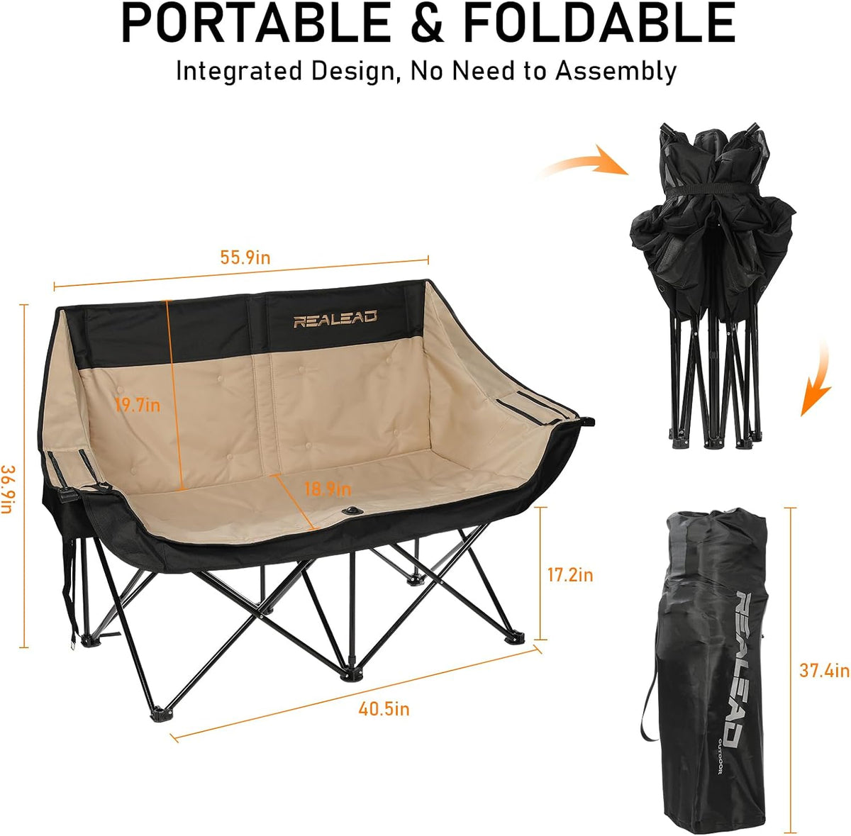 REALEAD Double Camping Chair Heavy Duty Camping Couch Support 650 lbs