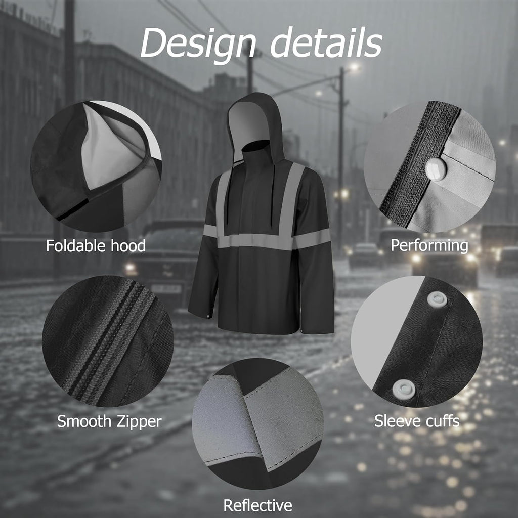 Rain Jacket, High Visibility Rain Coat, Waterproof Raincoat with Hood, Lightweight Rain Suit for Outdoor Activities, Rain Ponchos for Adults Reusable, Men Women, Black T, S-M