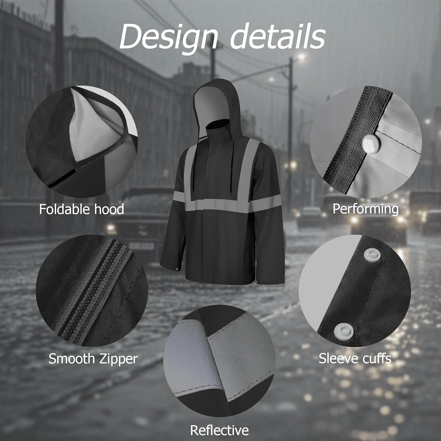 Rain Jacket, High Visibility Rain Coat, Waterproof Raincoat with Hood, Lightweight Rain Suit for Outdoor Activities, Rain Ponchos for Adults Reusable, Men Women, Black T, S-M