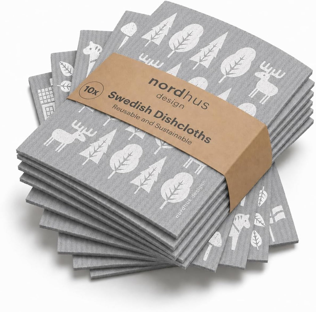 Nordhus Design Swedish Dishcloths,10 Grey Cloths, Made in Sweden - Reusable, Washable Cellulose Cotton Kitchen Cloths - Replace Paper Towels, Wipes, Sponges, Dish Rags