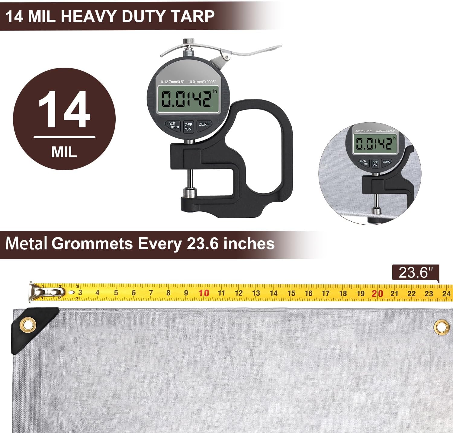 Sunvigor Tarp Waterproof 10x12Ft, Heavy Duty Tarp Cover Extra Thick 14 Mil Tear and UV Resistant, Outdoor Tarps with Grommets and Reinforced Edges for Roof, Camping, Patio, Pool, Boat (Silver/Brown)