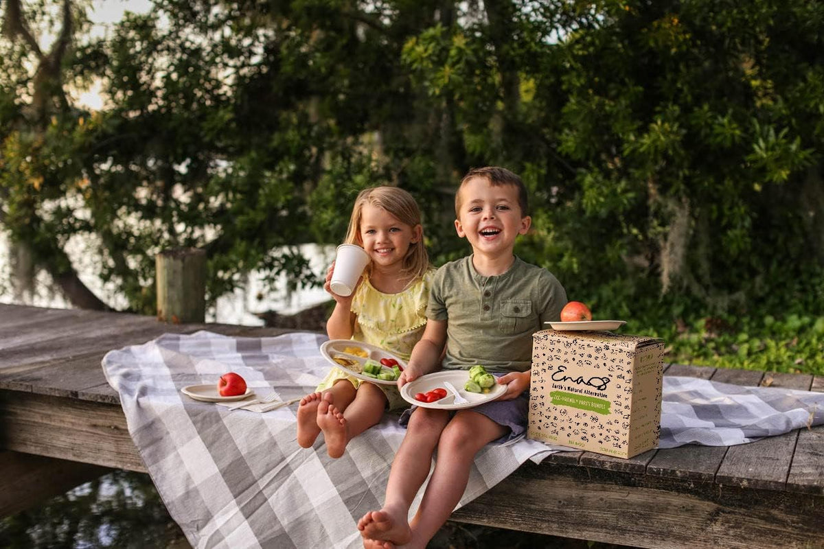 Eco-friendly Camping Supplies [16 Dinnerware Set] for Picnic Basket & Party Supplies. Compostable Paper Plates, Napkins, Biodegradable Utensils, Cups, Green Tablecloths, by Earth's Natural Alternative