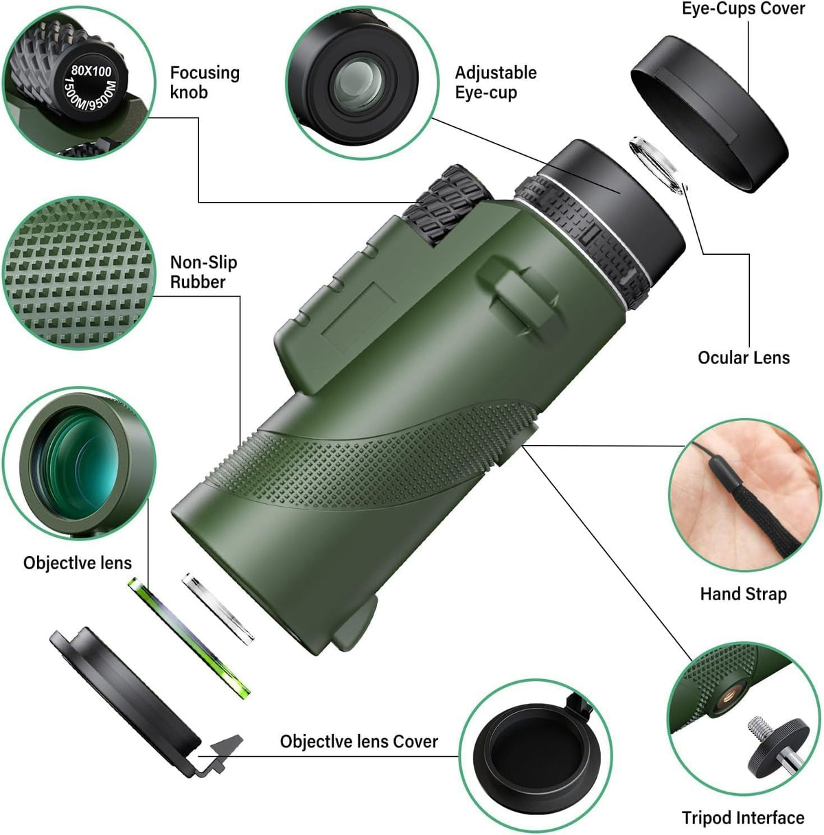80x100 monocular Telescope, Suitable for Adults and Children, for Bird Watching, Hiking, and Concert Tours, with Phone Clip and Stand