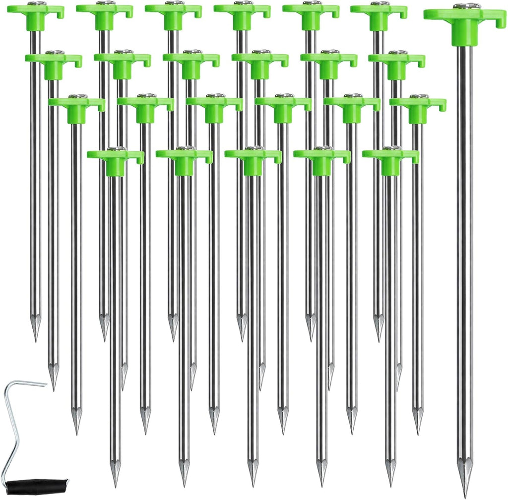 Yesland 24 Pack Heavy Duty Tent Stake with Pull Hook, 10 Inch Non-Rust Metal Tent Pegs Ground Yard Tent Spikes, Galvanized Iron, Green, for Patio, Garden, Canopies, Grassland, Outdoor, Hiking, Camping