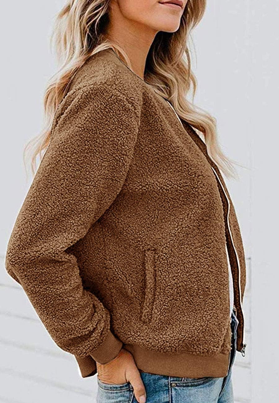 MIROL Women's Fall Fleece Bomber Jacket Trendy Sherpa Winter Coat Fuzzy Casual Long Sleeve Zip Up Loose Fit Jackets