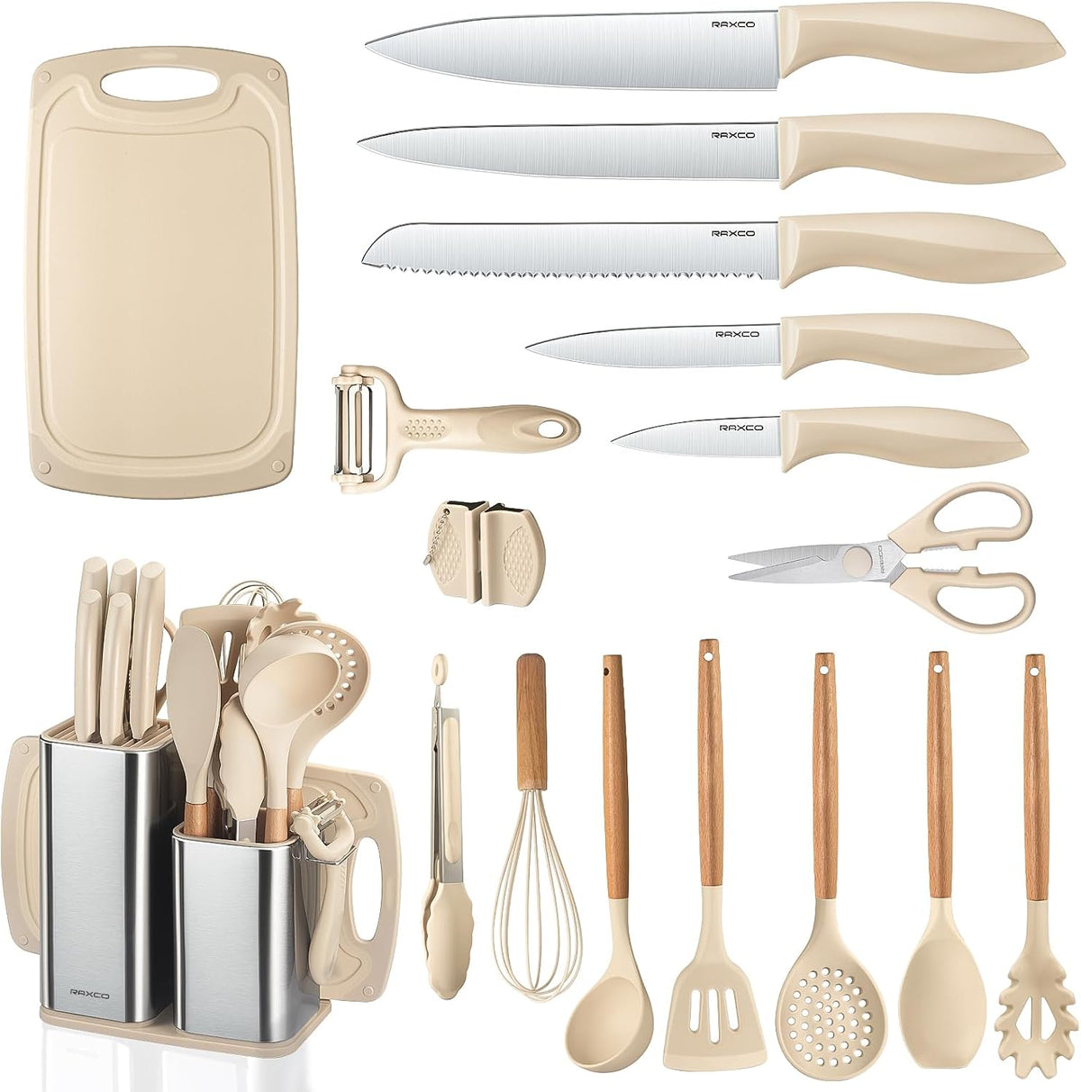 RAXCO Cooking Utensils Set,18-Piece Kitchen Utensils and Knife Set,Khiki