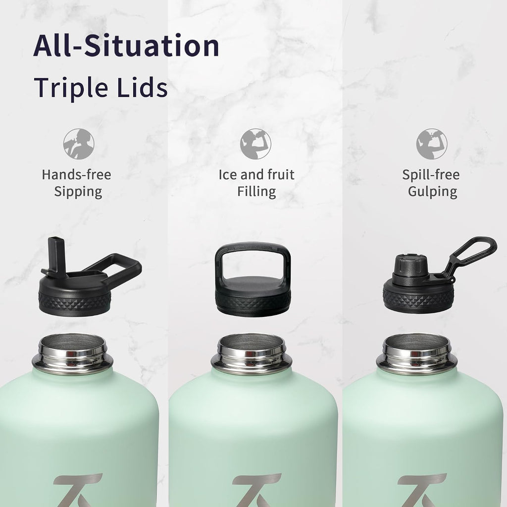 Trebo One Gallon Water Bottle Insulated with 3 Lids, Paracord Handle & Bag