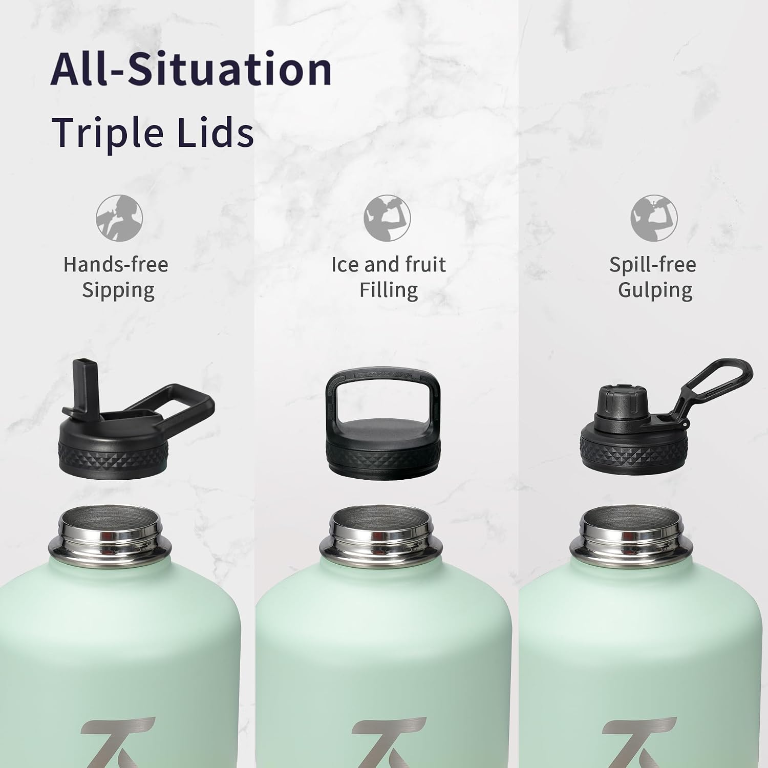 Trebo One Gallon Water Bottle Insulated with 3 Lids, Paracord Handle & Bag
