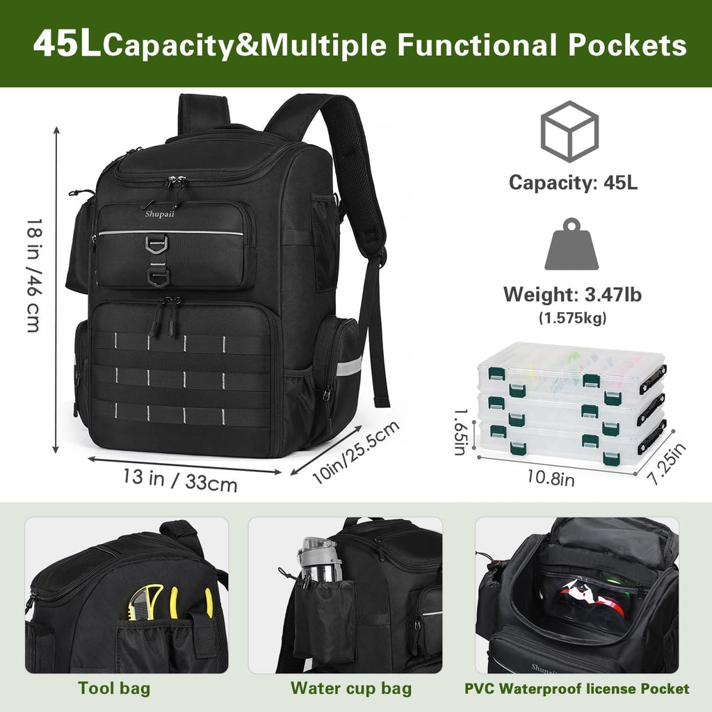 Fishing Backpack with Rod Holder, 45L Capacity Tackle Storage Bag