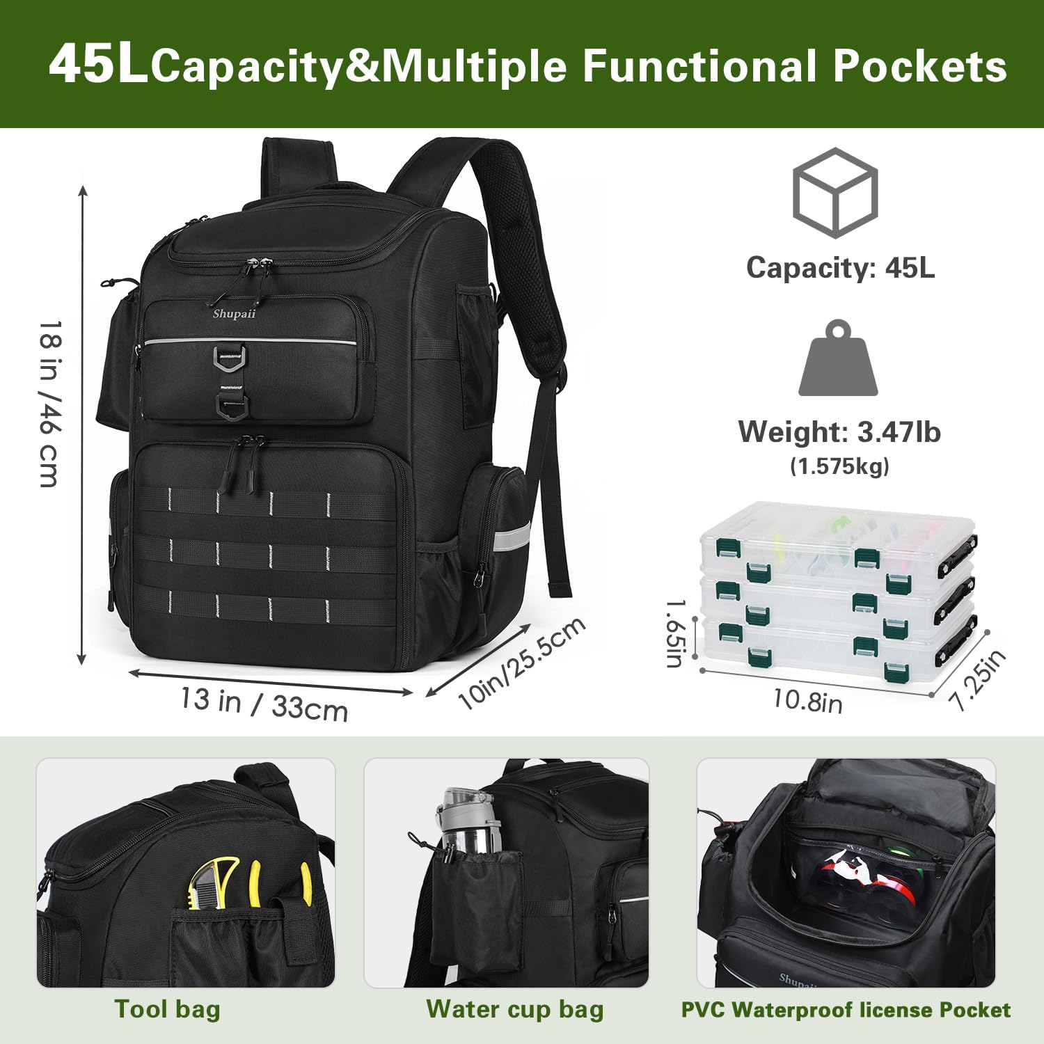 Fishing Backpack with Rod Holder, 45L Capacity Tackle Storage Bag