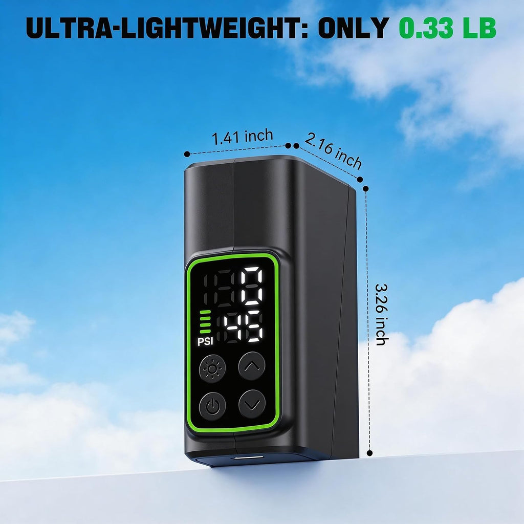 Electric Bike Pump, Fast-Inflation Mini Tire Inflator 150PSI with Gauge, Brushless Motor Rechargeable Cordless Air Pump for Presta & Schrader Valves, for Road/Mountain Bikes, Motorcycles, Balls