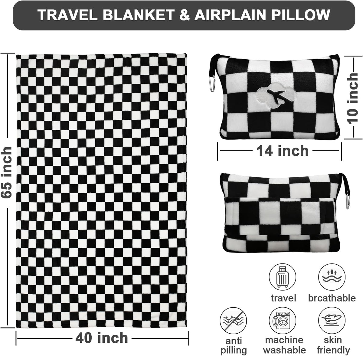 Travel Blanket and Pillow Compact, Premium Soft 2 in 1 Airplane Blanket with Soft Bag Pillowcase，Hand Luggage Sleeve and Backpack Clip (Checkered Black)