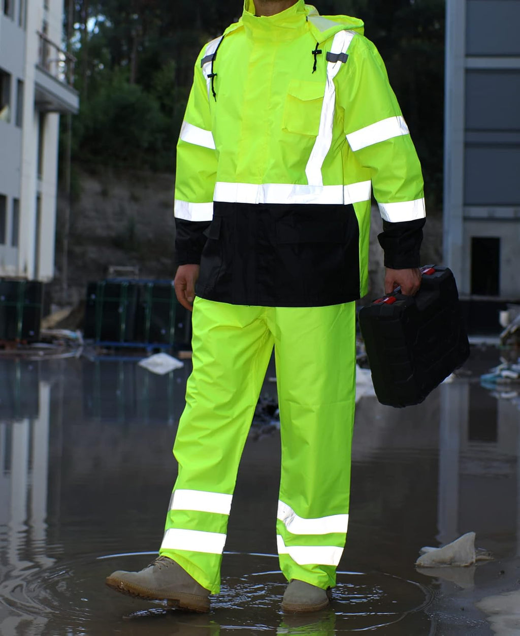 sesafety Hi Vis Rain Jacket, Rain Suits for Men Waterproof withBlack Bottom